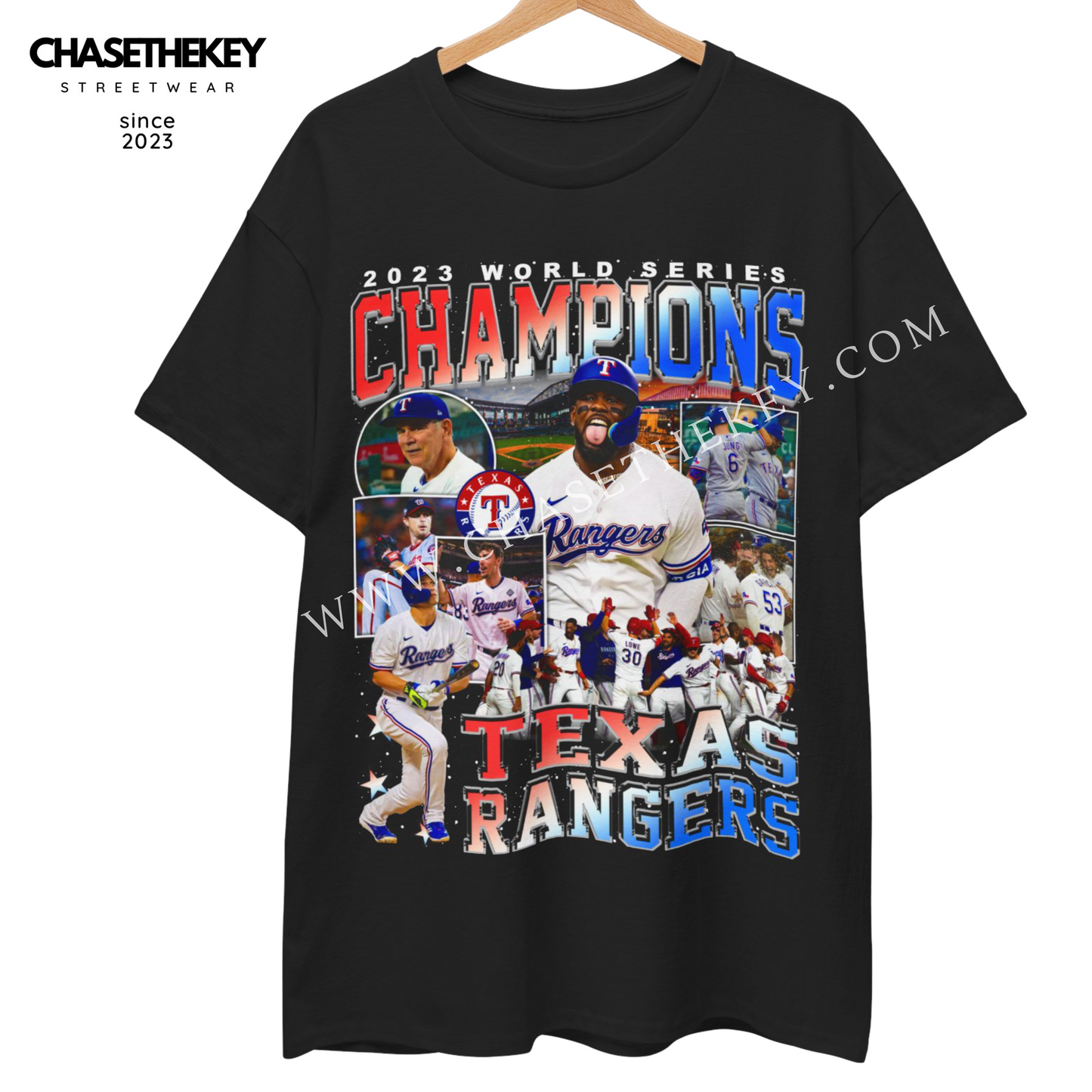 2023 World Series Champions Texas Rangers T-Shirt celebrating championship victory.