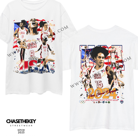 2024 USA Women's Olympic Basketball Team Shirt featuring team colors and design.