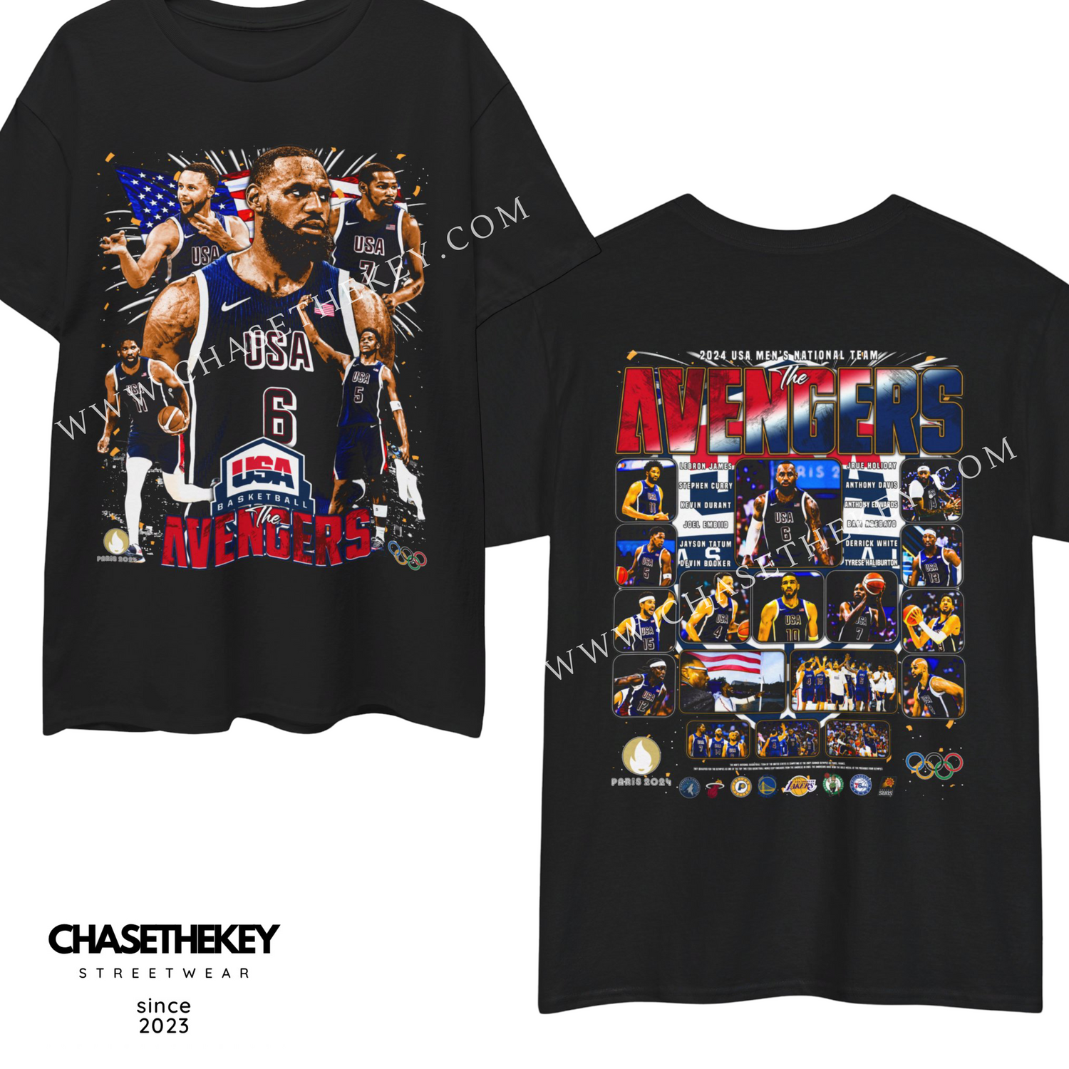 2024 Men's USA Olympic Basketball Team T-Shirt with The Avengers-inspired design.