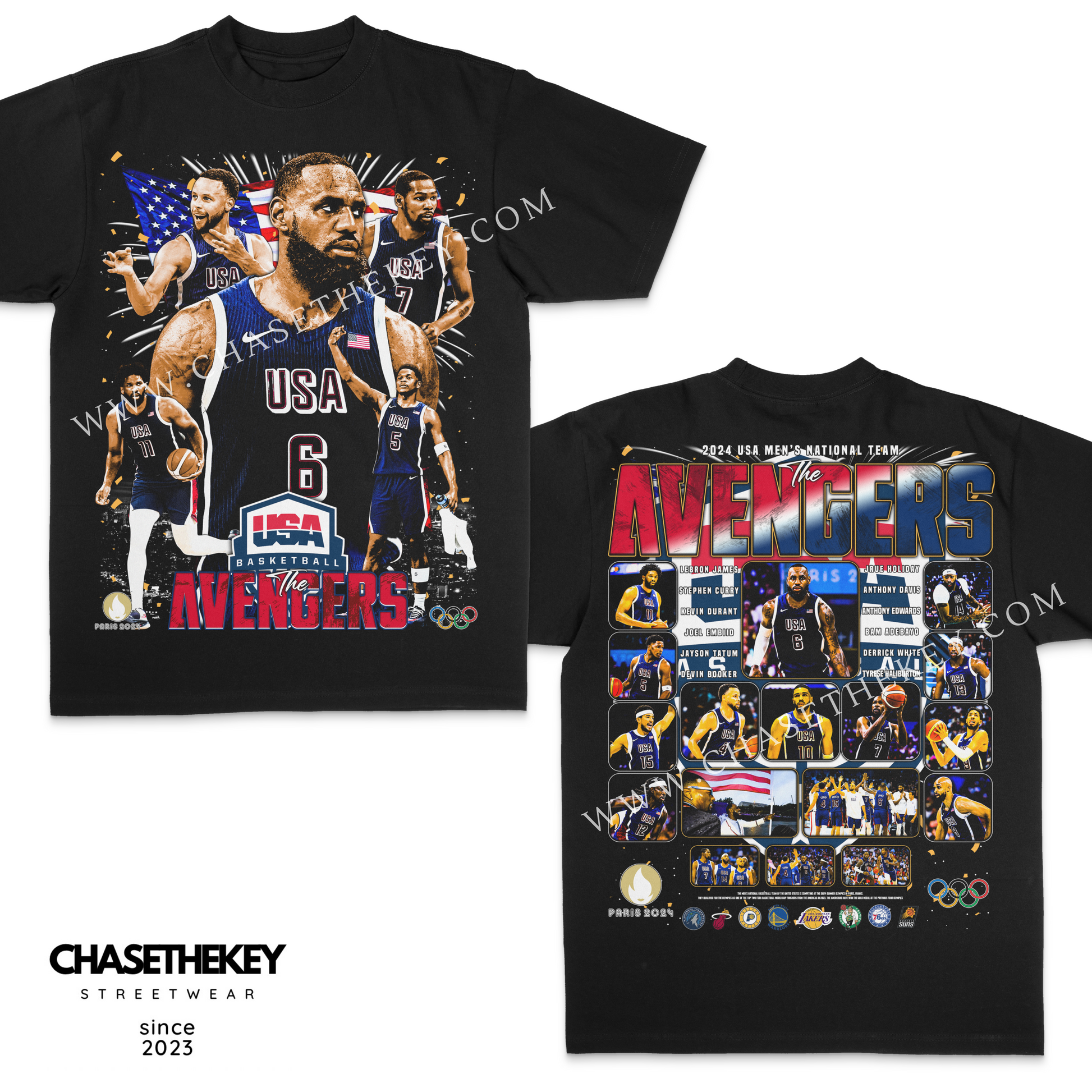 2024 Men's USA Olympic Basketball Team T-Shirt with The Avengers-inspired design.