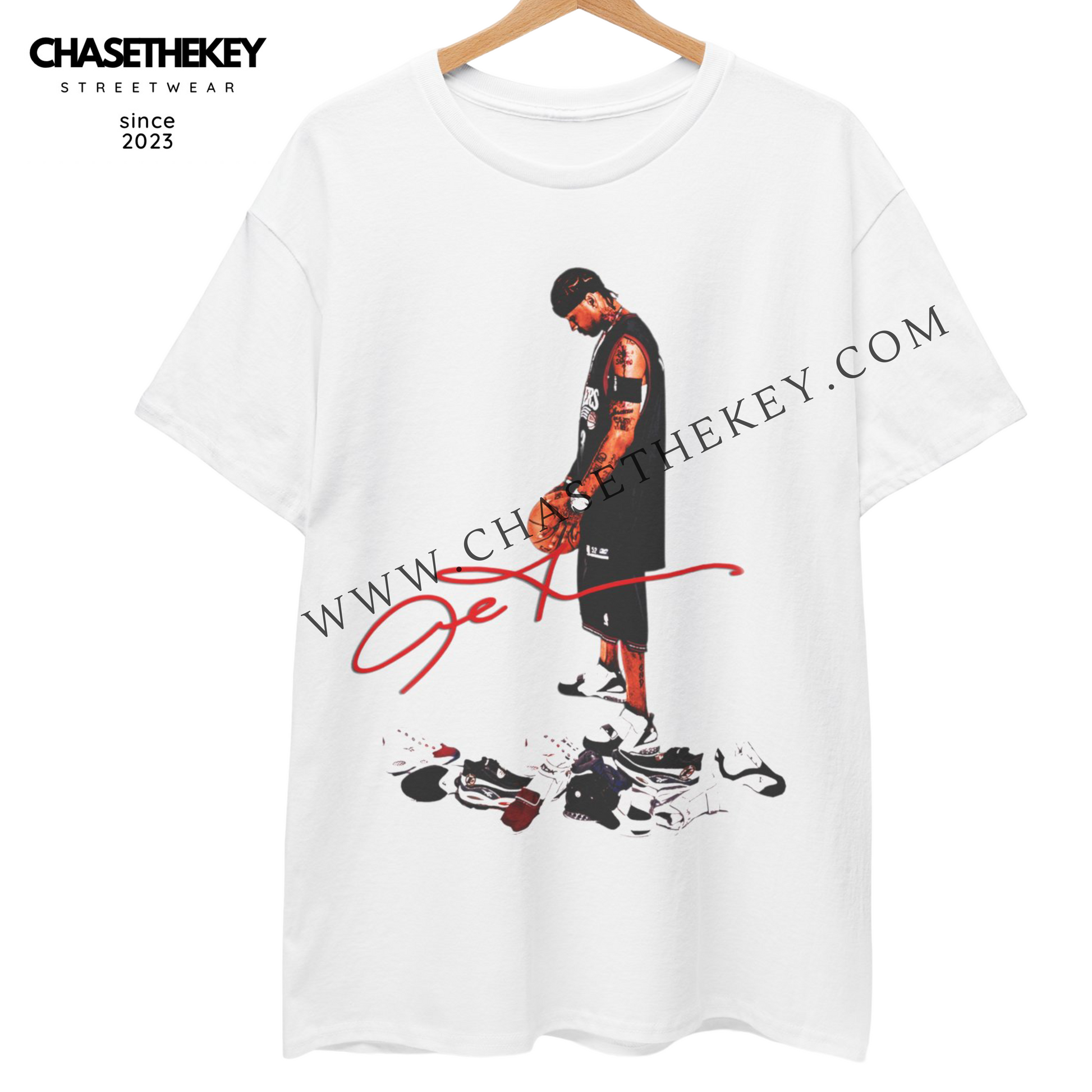 Allen Iverson Shoes Shirt celebrating his iconic footwear in basketball.