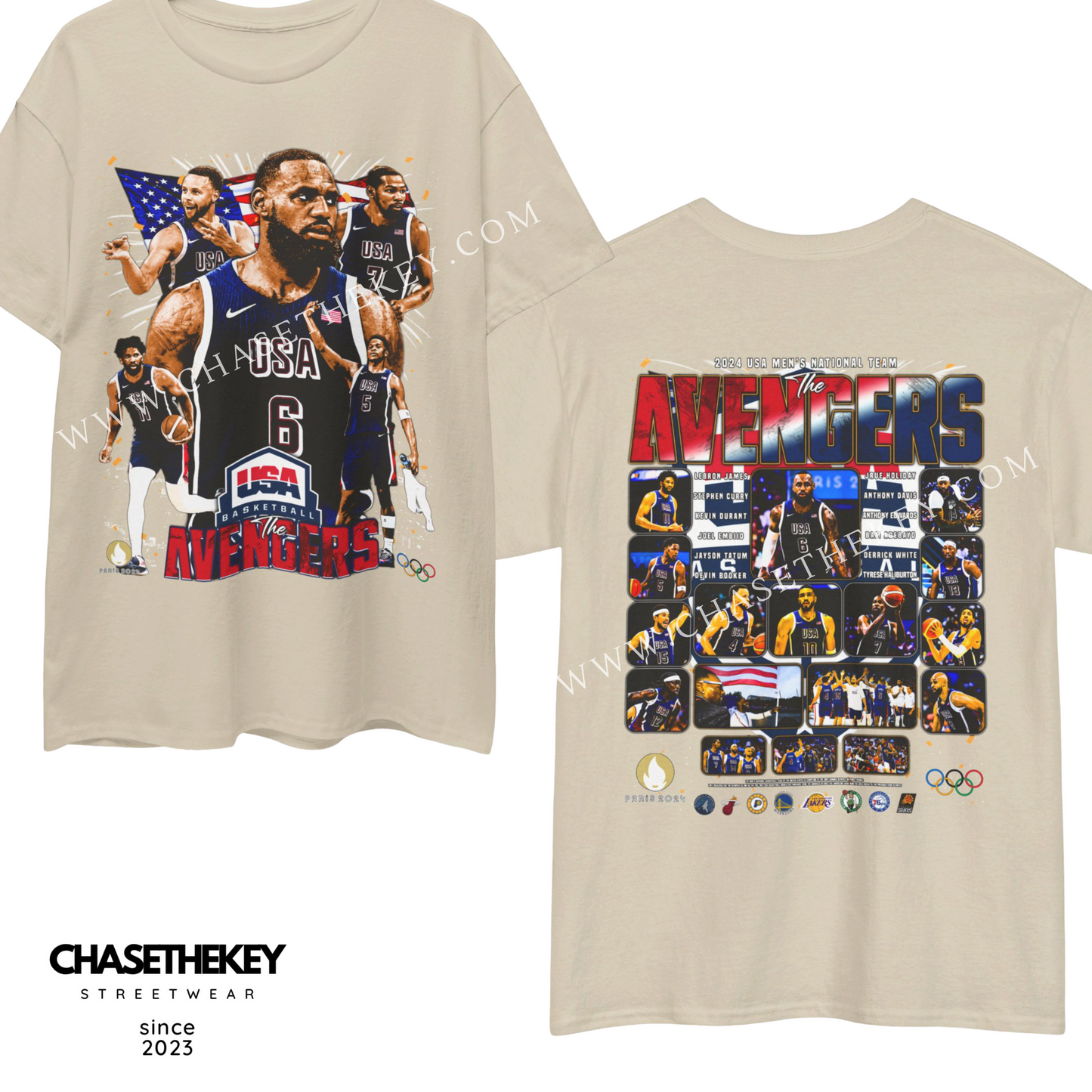 2024 Men's USA Olympic Basketball Team T-Shirt with The Avengers-inspired design.