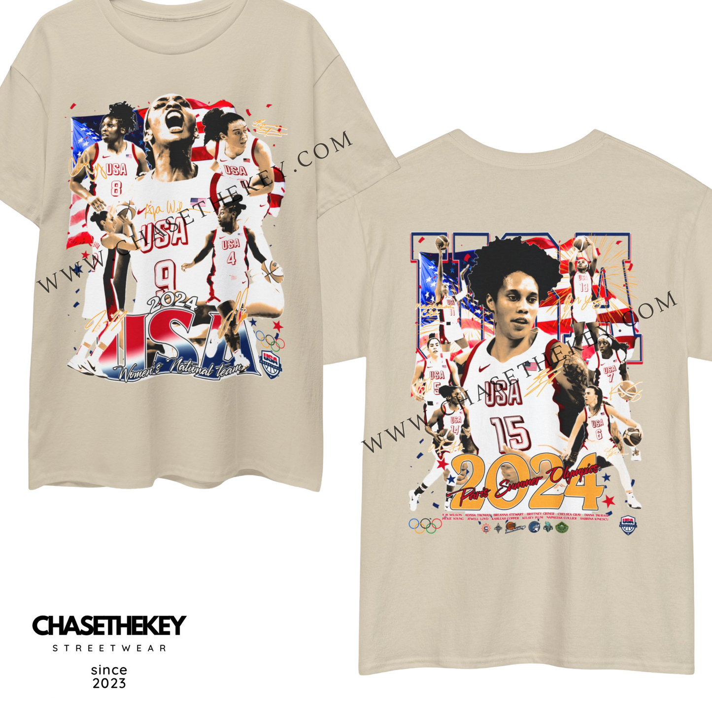 2024 USA Women's Olympic Basketball Team Shirt featuring team colors and design.