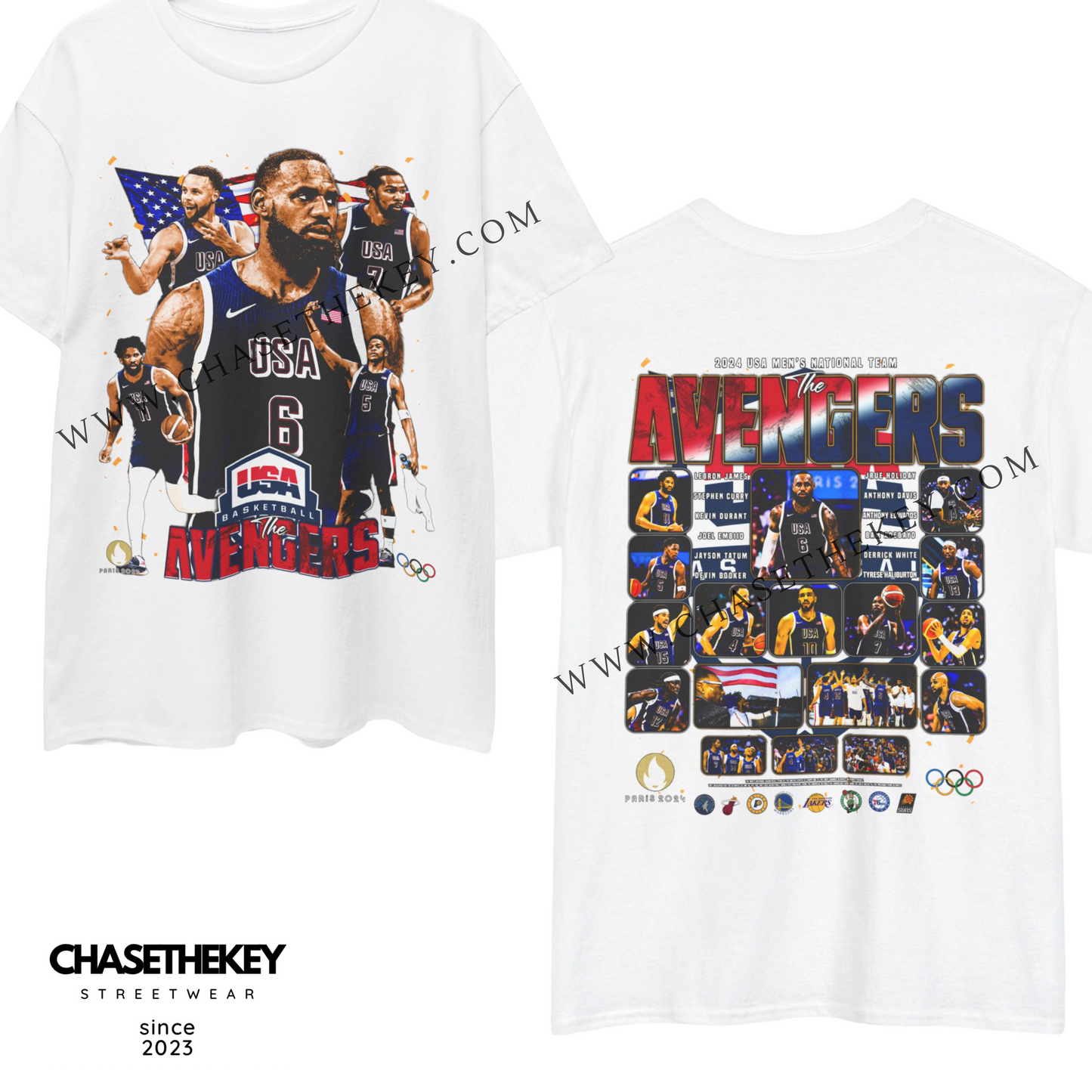 2024 Men's USA Olympic Basketball Team T-Shirt with The Avengers-inspired design.