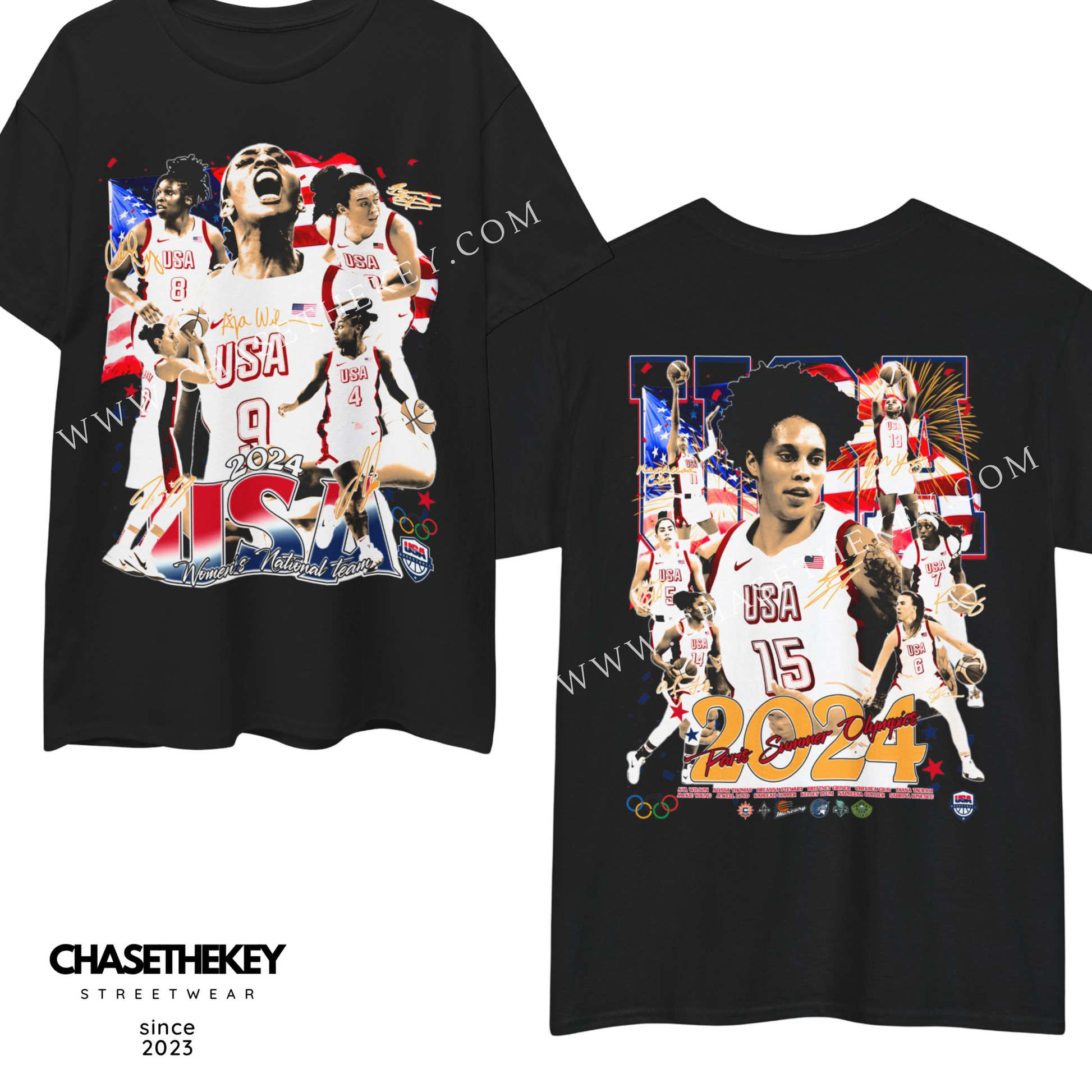 2024 USA Women's Olympic Basketball Team Shirt featuring team colors and design.